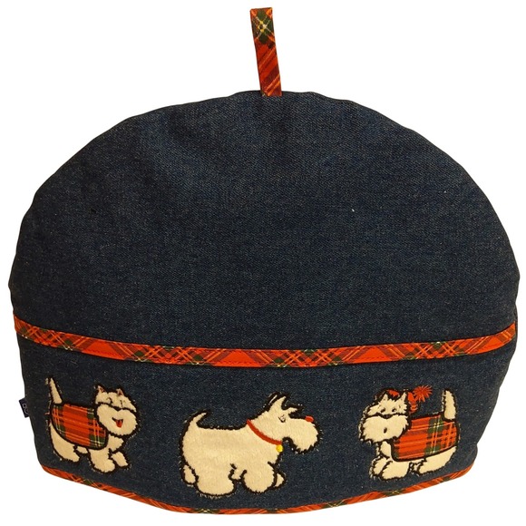 Denim Tea Cozy Tea Cosy Cover Plaid Scottie Dog Embroidered Farmhouse Kitchen - Picture 2 of 8